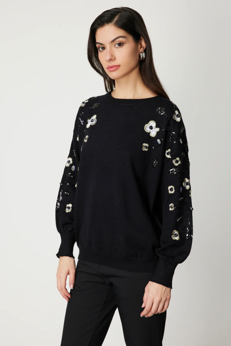 On Kadın Çiçek İşlemeli Balon Kol Triko Kazak 60358 Siyah - On