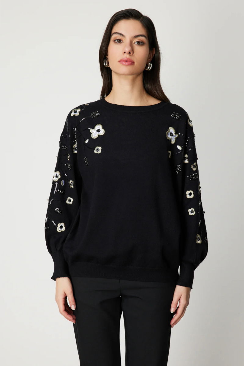 On Kadın Çiçek İşlemeli Balon Kol Triko Kazak 60358 Siyah - 2