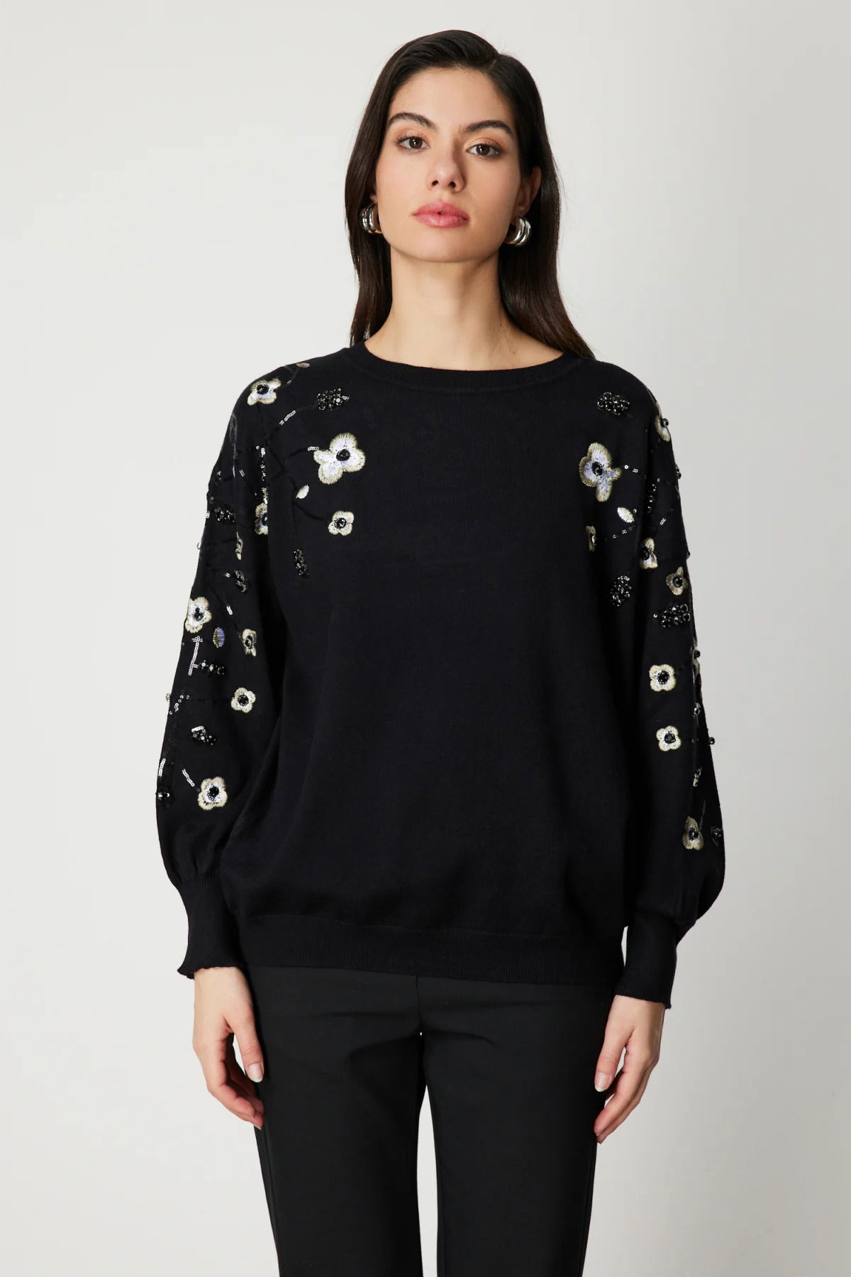 On Kadın Çiçek İşlemeli Balon Kol Triko Kazak 60358 Siyah - 2