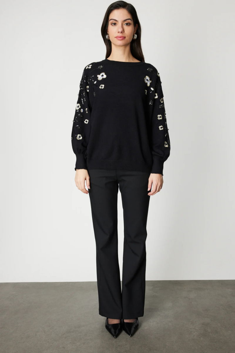 On Kadın Çiçek İşlemeli Balon Kol Triko Kazak 60358 Siyah - 3