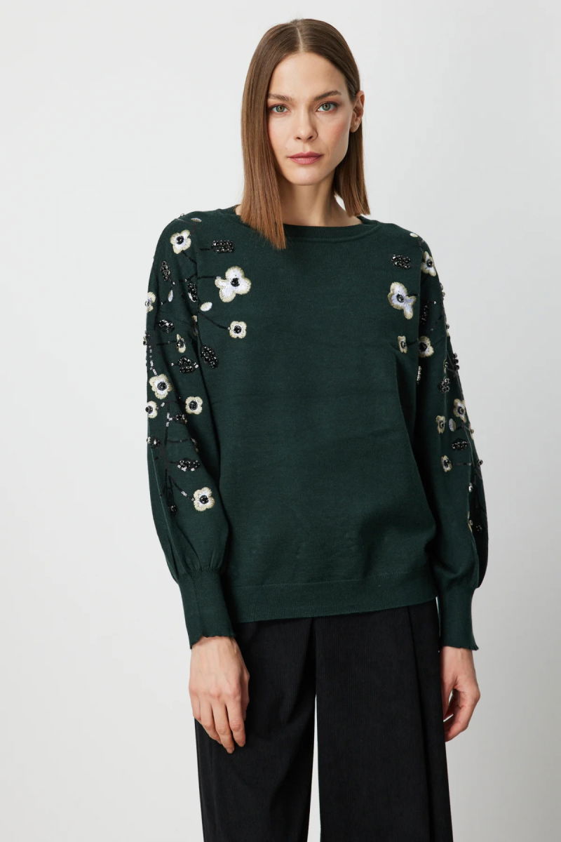 On Kadın Çiçek İşlemeli Balon Kol Triko Kazak 60358 Yeşil - On