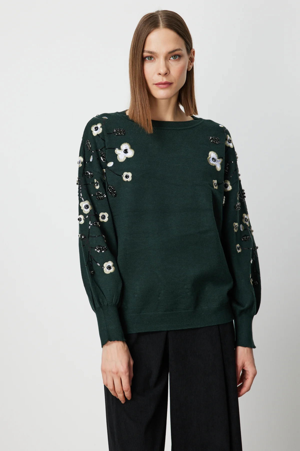 On Kadın Çiçek İşlemeli Balon Kol Triko Kazak 60358 Yeşil - 1