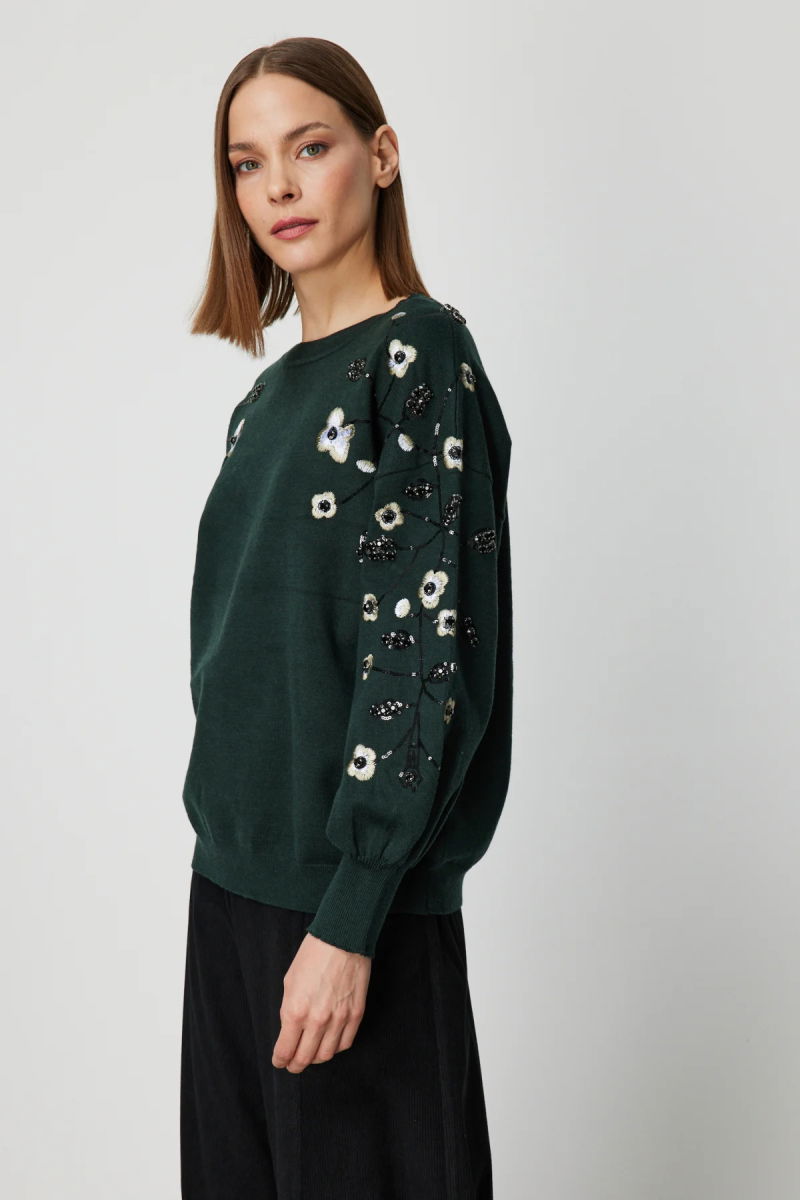 On Kadın Çiçek İşlemeli Balon Kol Triko Kazak 60358 Yeşil - 2