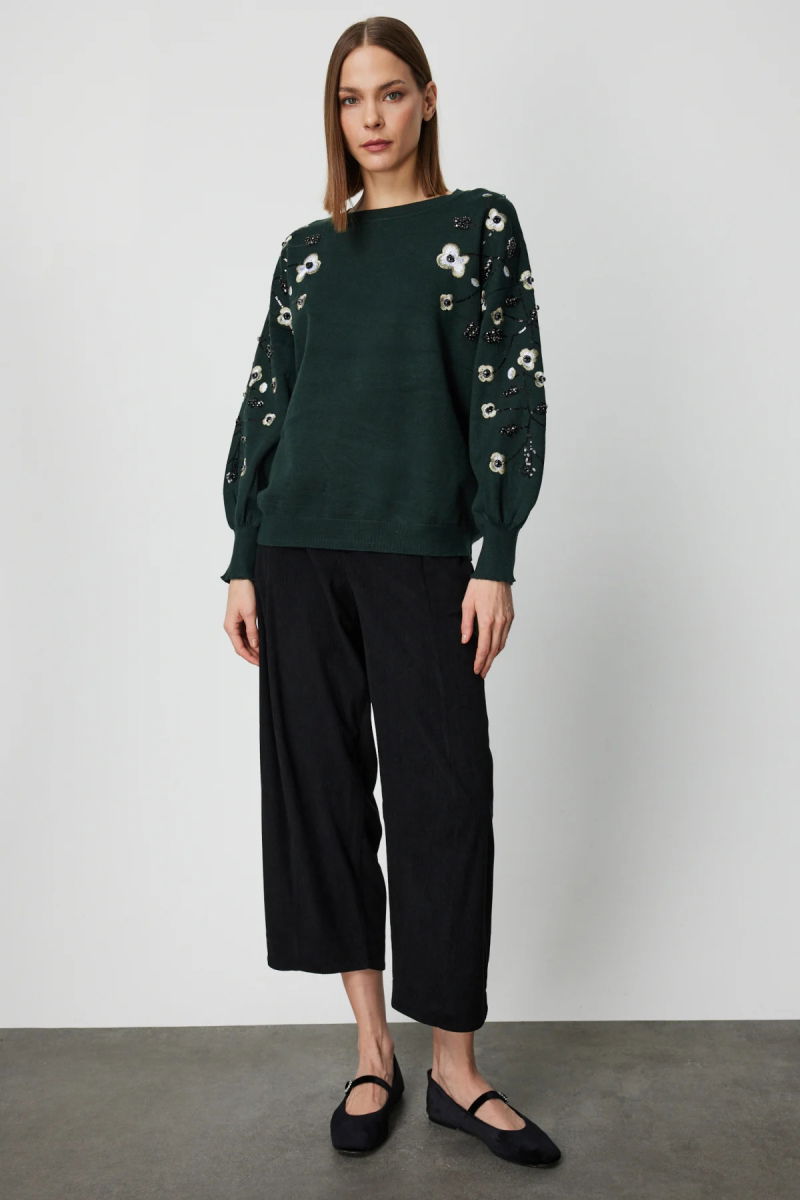 On Kadın Çiçek İşlemeli Balon Kol Triko Kazak 60358 Yeşil - 3