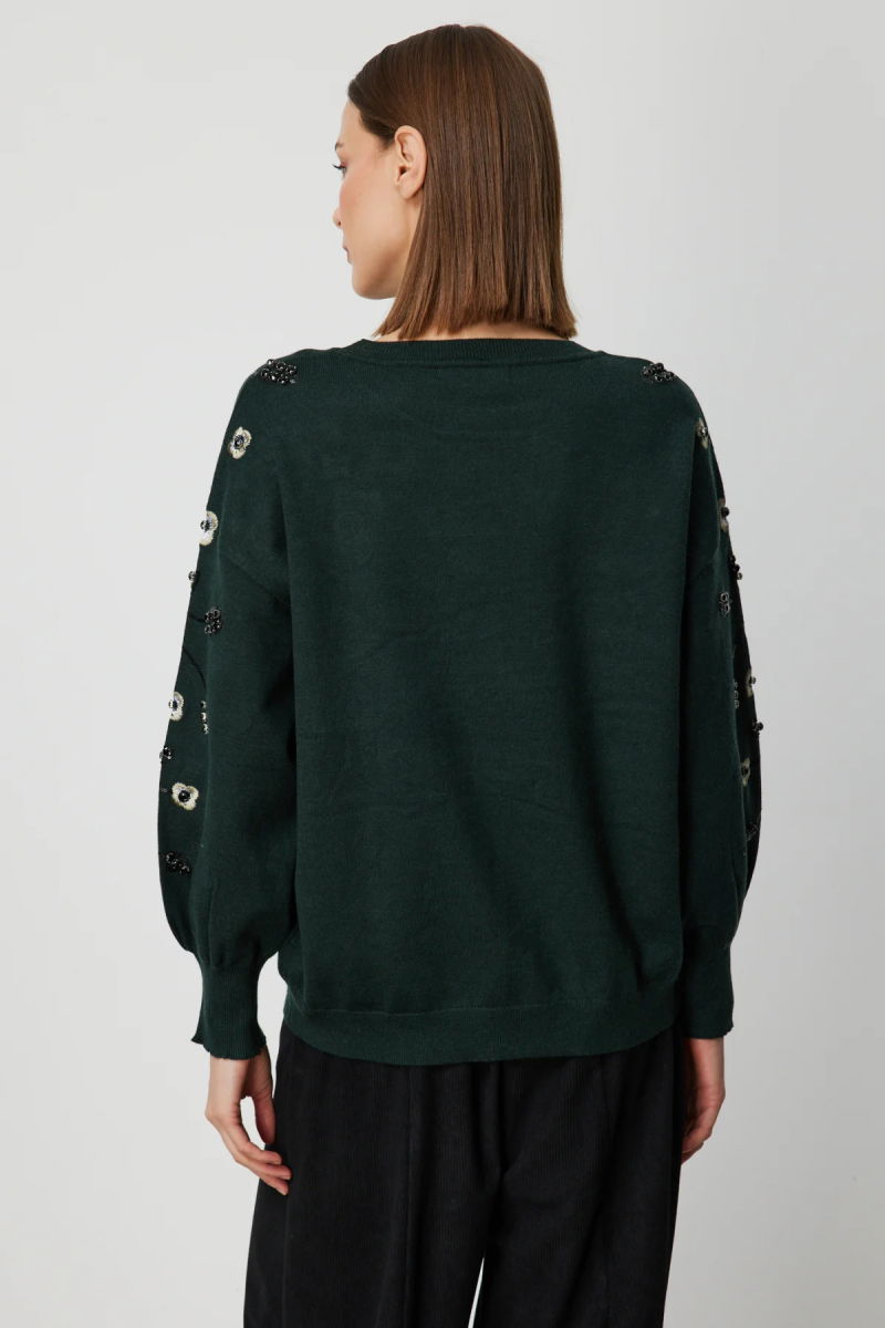 On Kadın Çiçek İşlemeli Balon Kol Triko Kazak 60358 Yeşil - 4