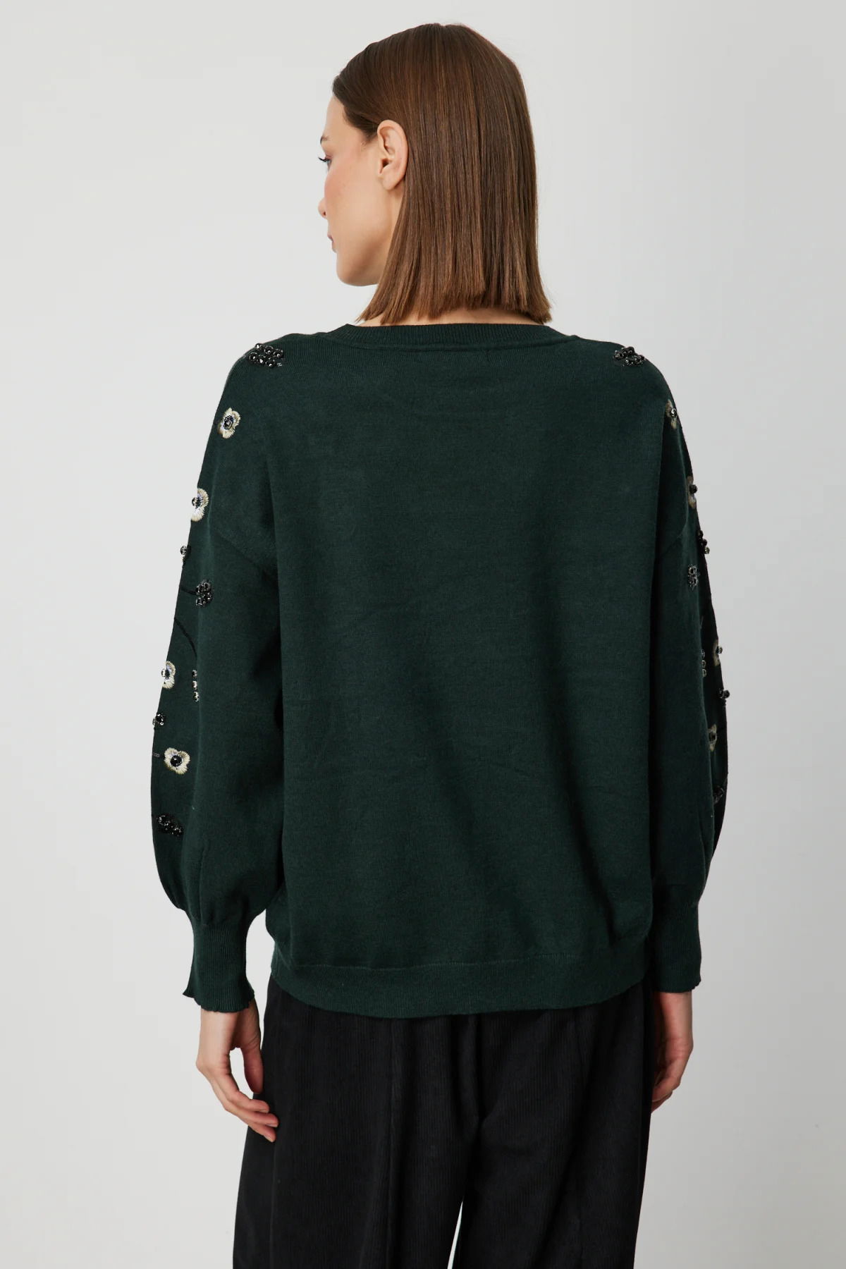 On Kadın Çiçek İşlemeli Balon Kol Triko Kazak 60358 Yeşil - 4