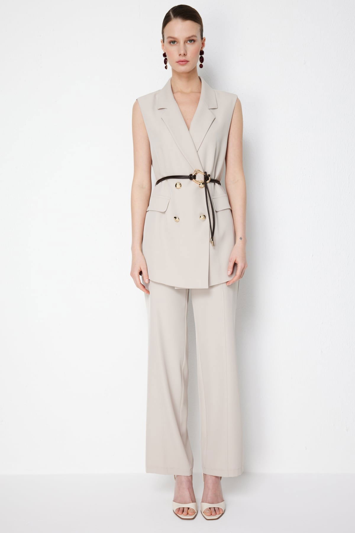 On Kadın Çimalı Bağcıklı Bol Paça Pantolon 78106 Kum - 1