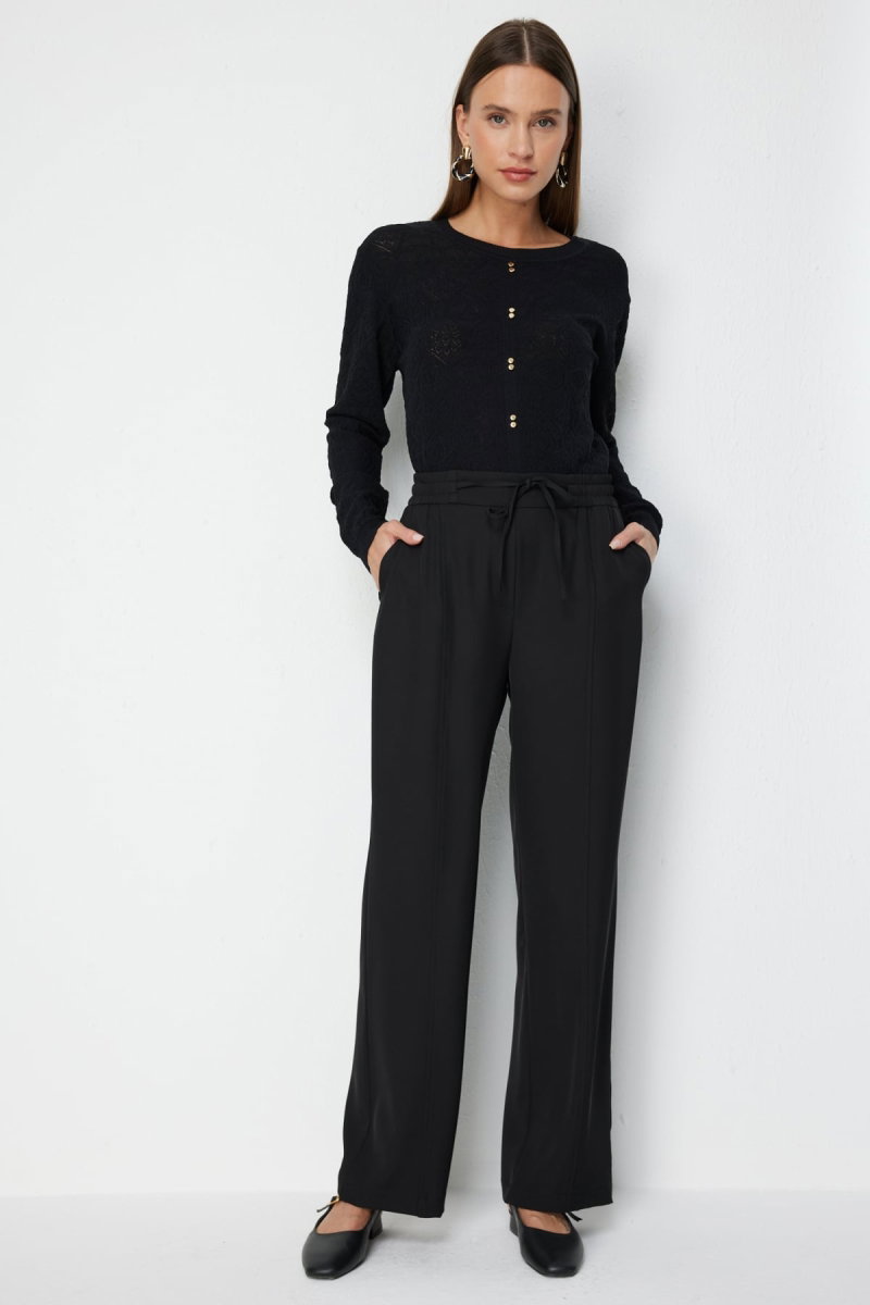 On Kadın Çimalı Bağcıklı Bol Paça Pantolon 78106 Siyah - On