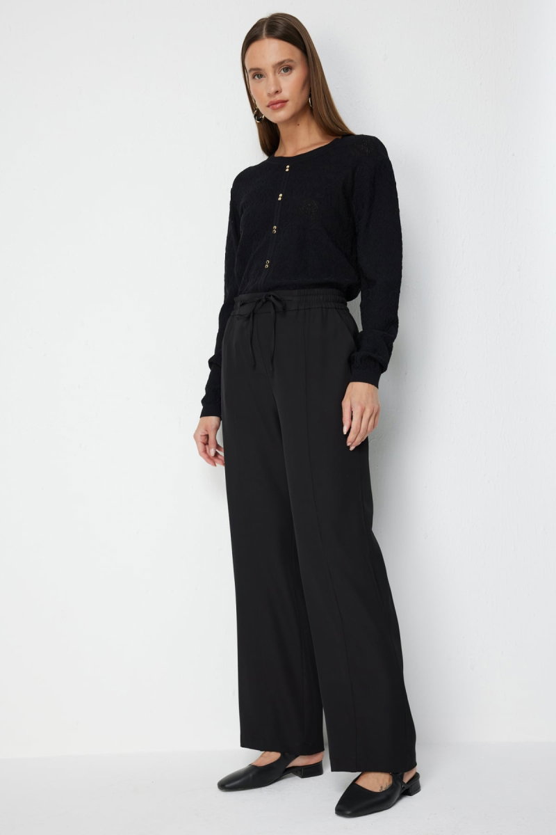 On Kadın Çimalı Bağcıklı Bol Paça Pantolon 78106 Siyah - 3