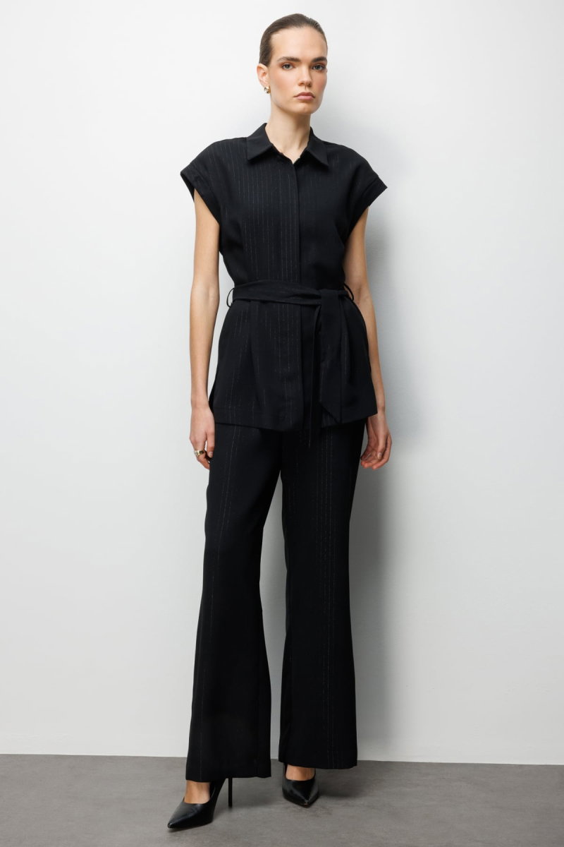 On Kadın Çizgi Desenli Bol Paça Pantolon 74901 Siyah - On