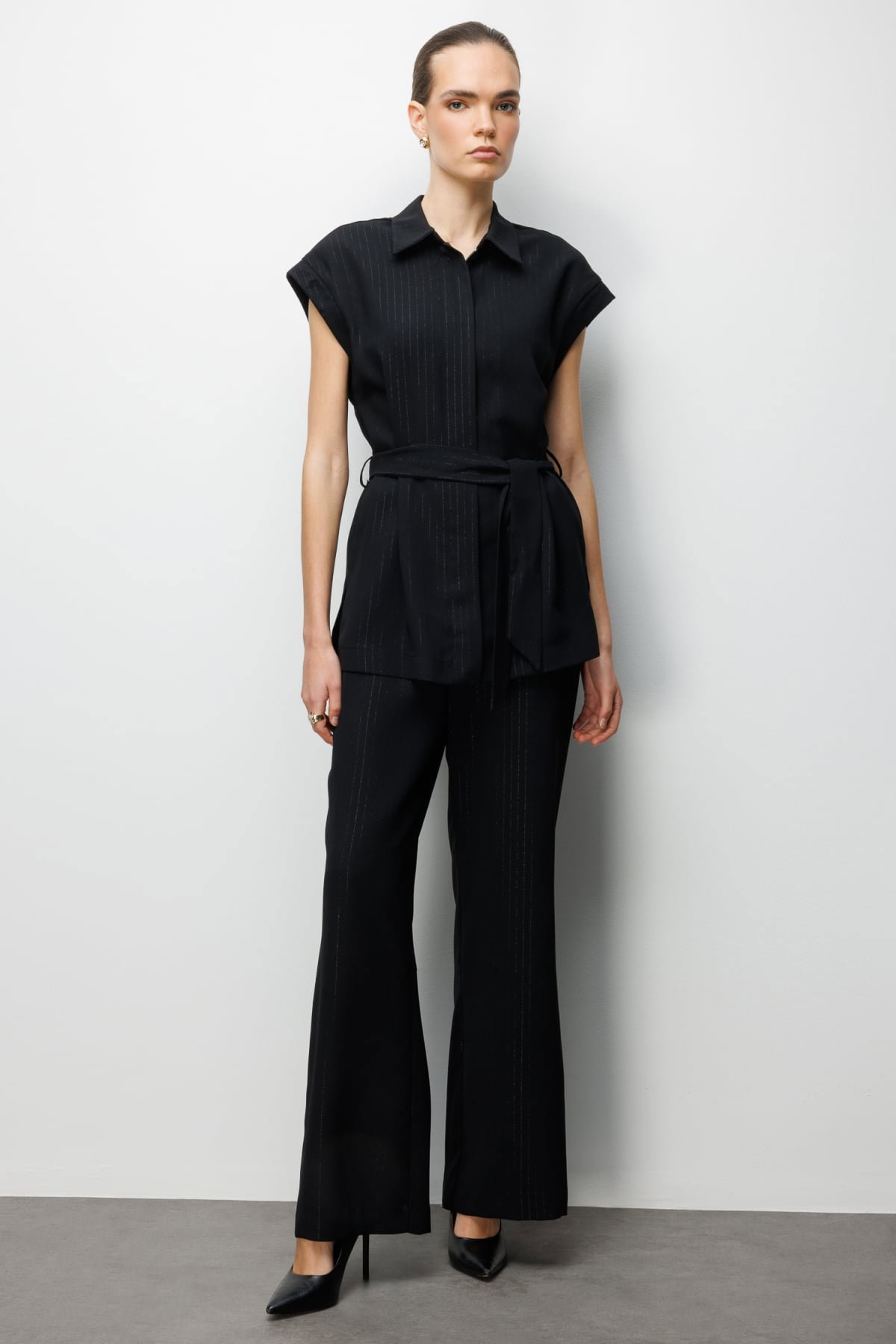 On Kadın Çizgi Desenli Bol Paça Pantolon 74901 Siyah - 1