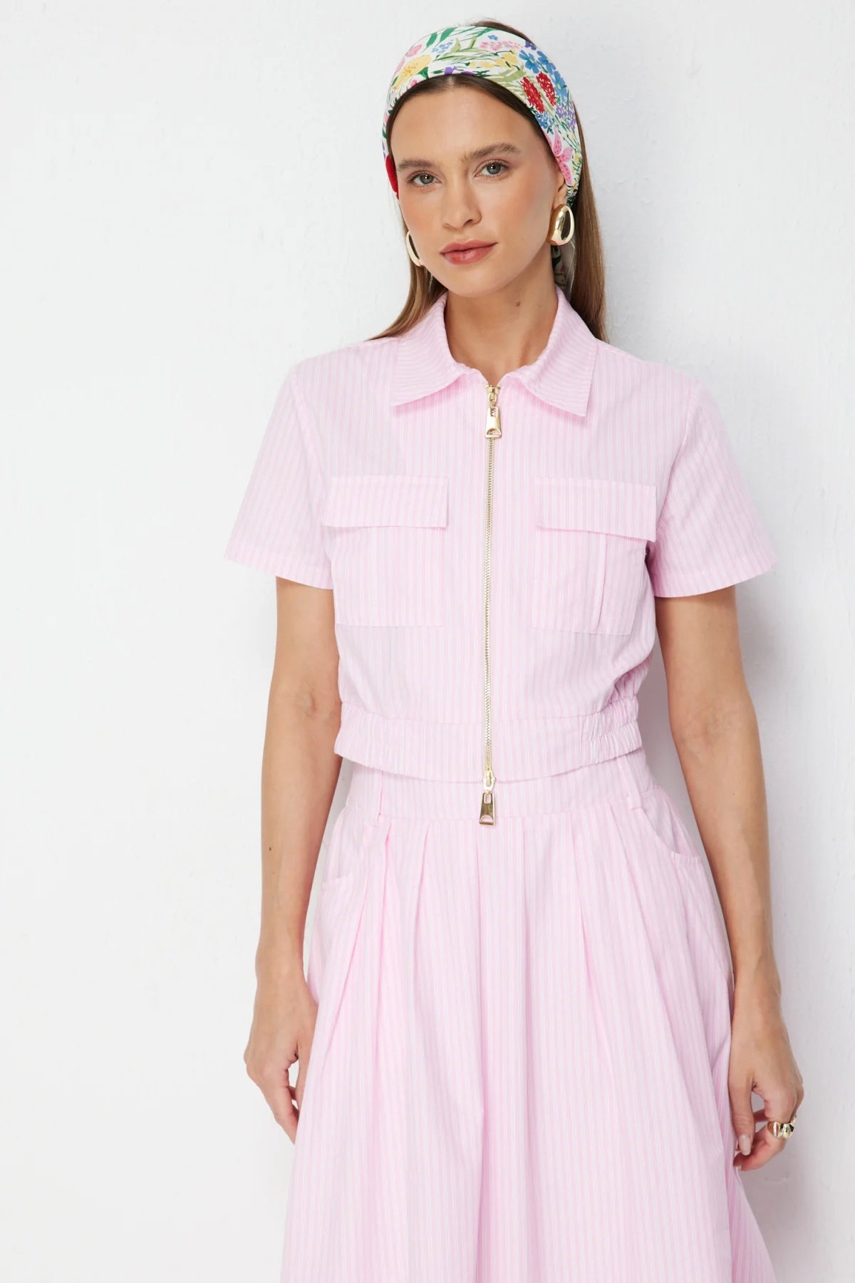 On Kadın Çizgi Desenli Pamuk Crop Gömlek 76422 Pembe - 1