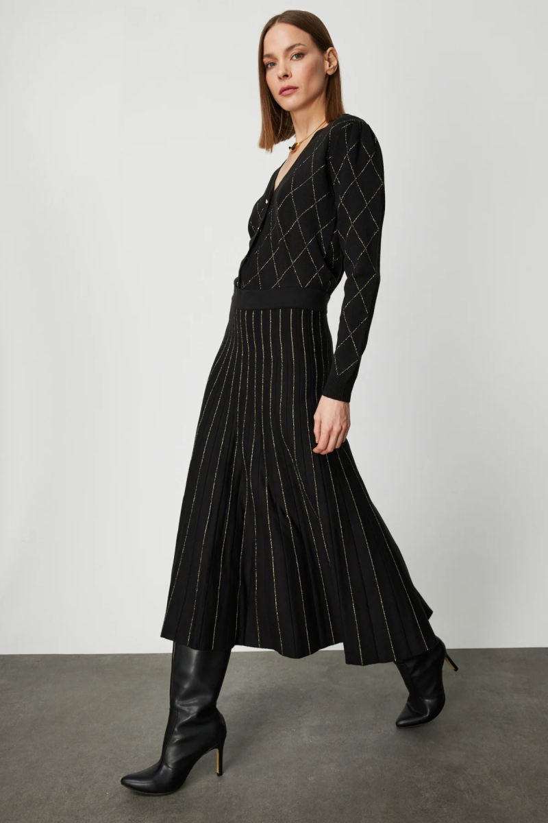 On Kadın Çizgi Desenli Pileli Midi Etek 63914 Siyah - 3