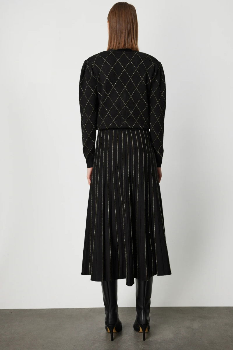 On Kadın Çizgi Desenli Pileli Midi Etek 63914 Siyah - 4