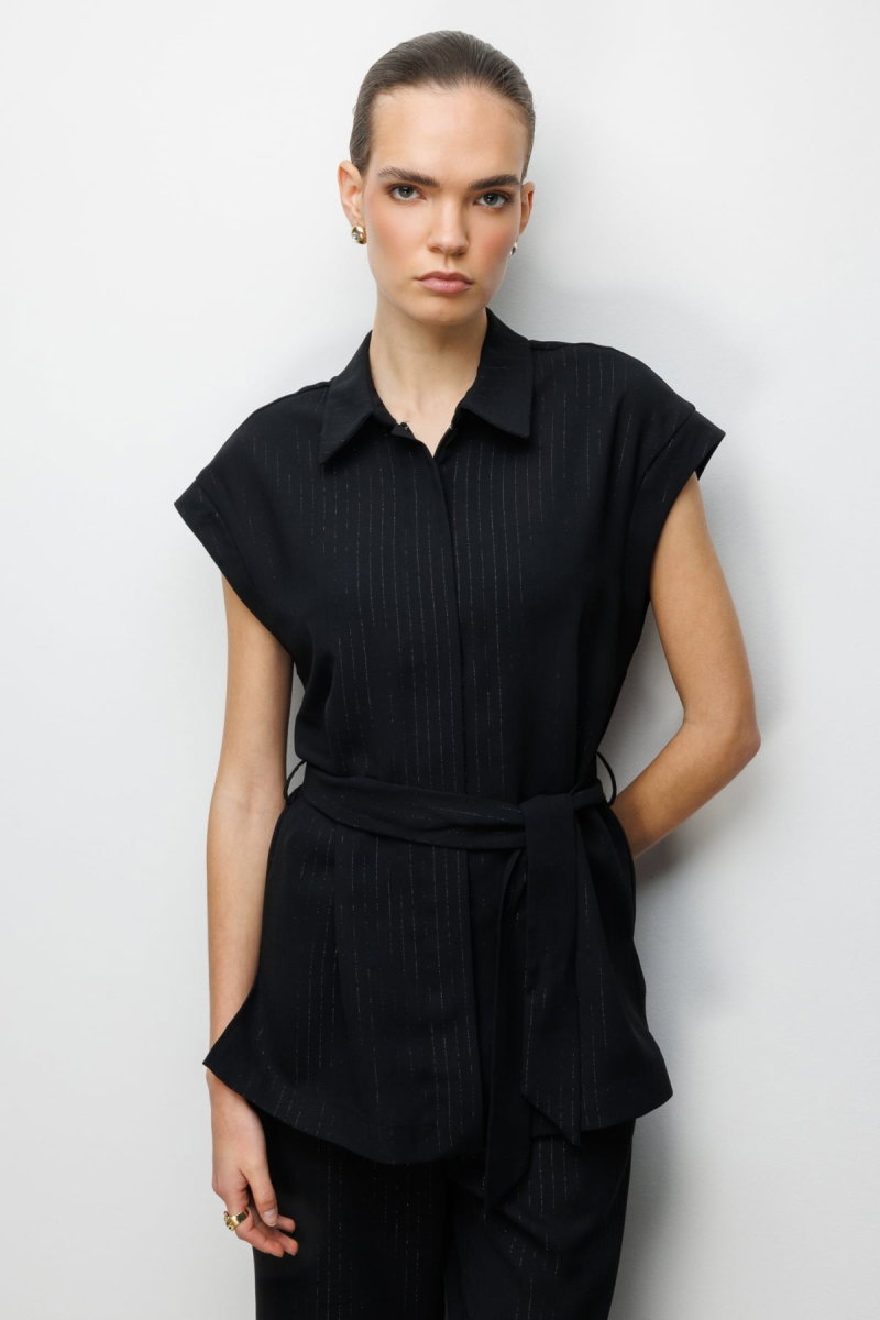 On Kadın Çizgi Desenlli Beli Kuşaklı Yelek 74900 Siyah - On