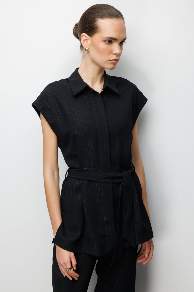 On Kadın Çizgi Desenlli Beli Kuşaklı Yelek 74900 Siyah - 2