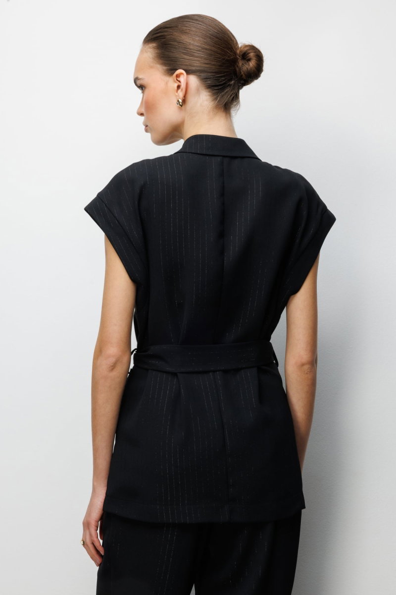 On Kadın Çizgi Desenlli Beli Kuşaklı Yelek 74900 Siyah - 4
