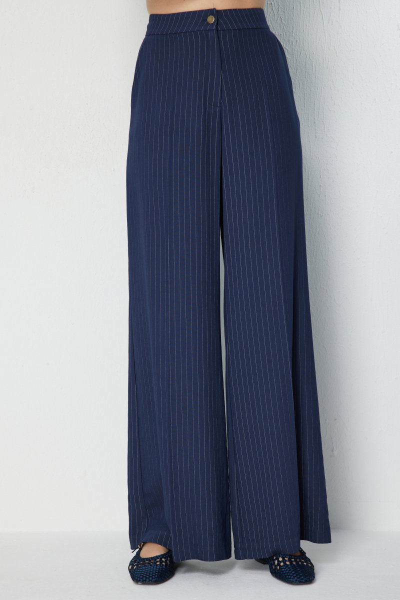 On Kadın Çizgili Bol Paça Pantolon 78306 Lacivert - 3