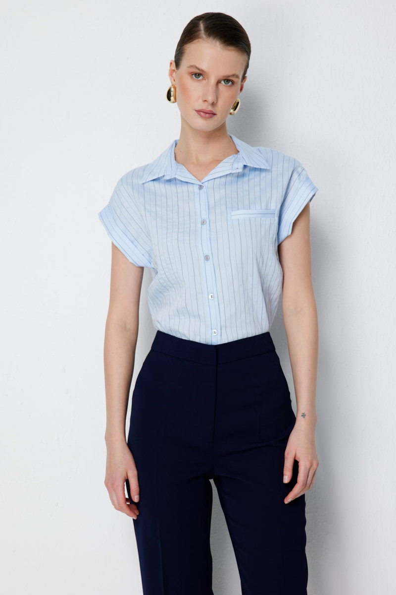 On Kadın Çizgili Kısa Kollu Gömlek 74545 Mavi - 2