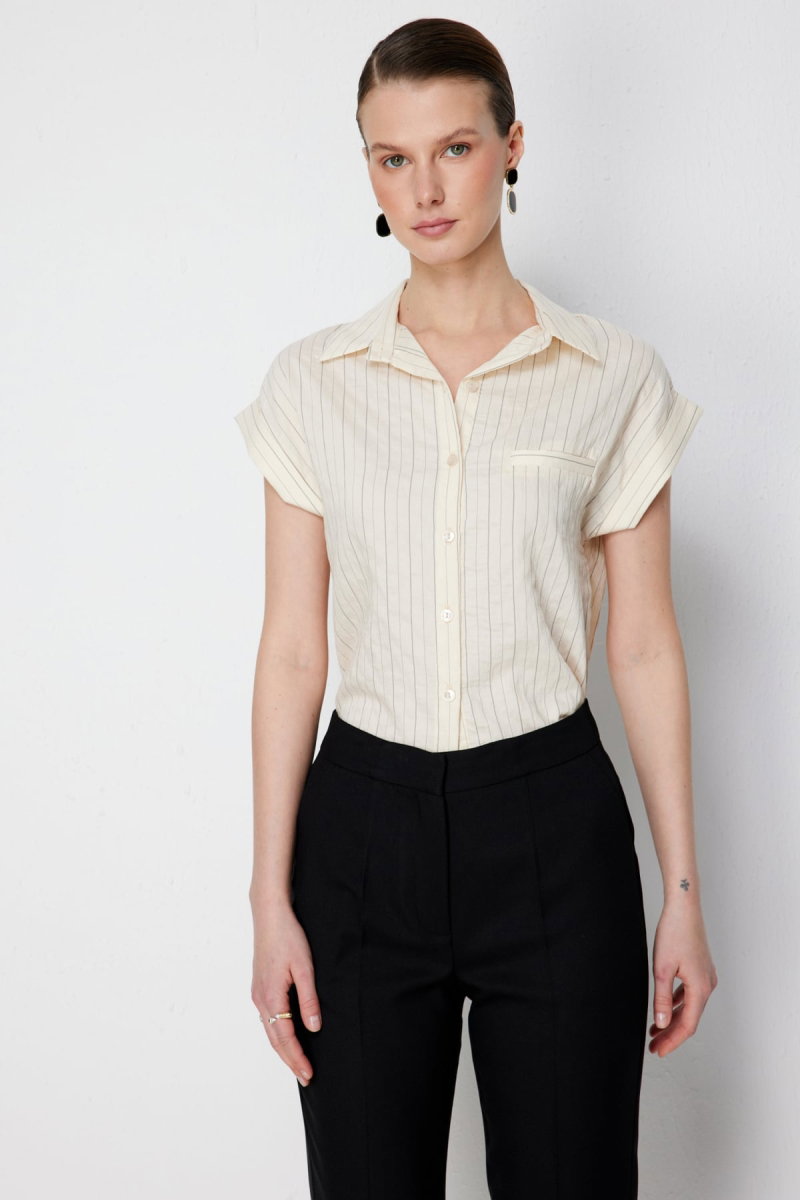 On Kadın Çizgili Kısa Kollu Gömlek 74545 Vanilya - 2