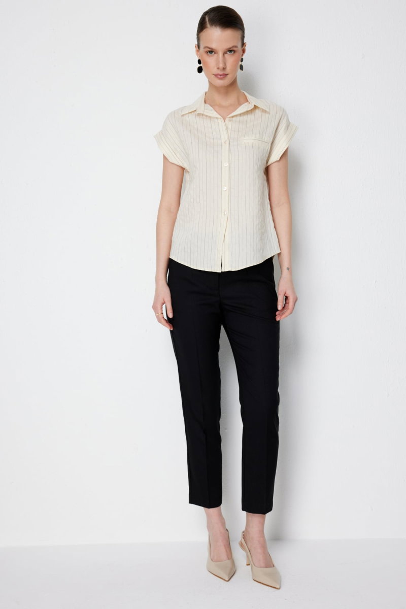 On Kadın Çizgili Kısa Kollu Gömlek 74545 Vanilya - 3