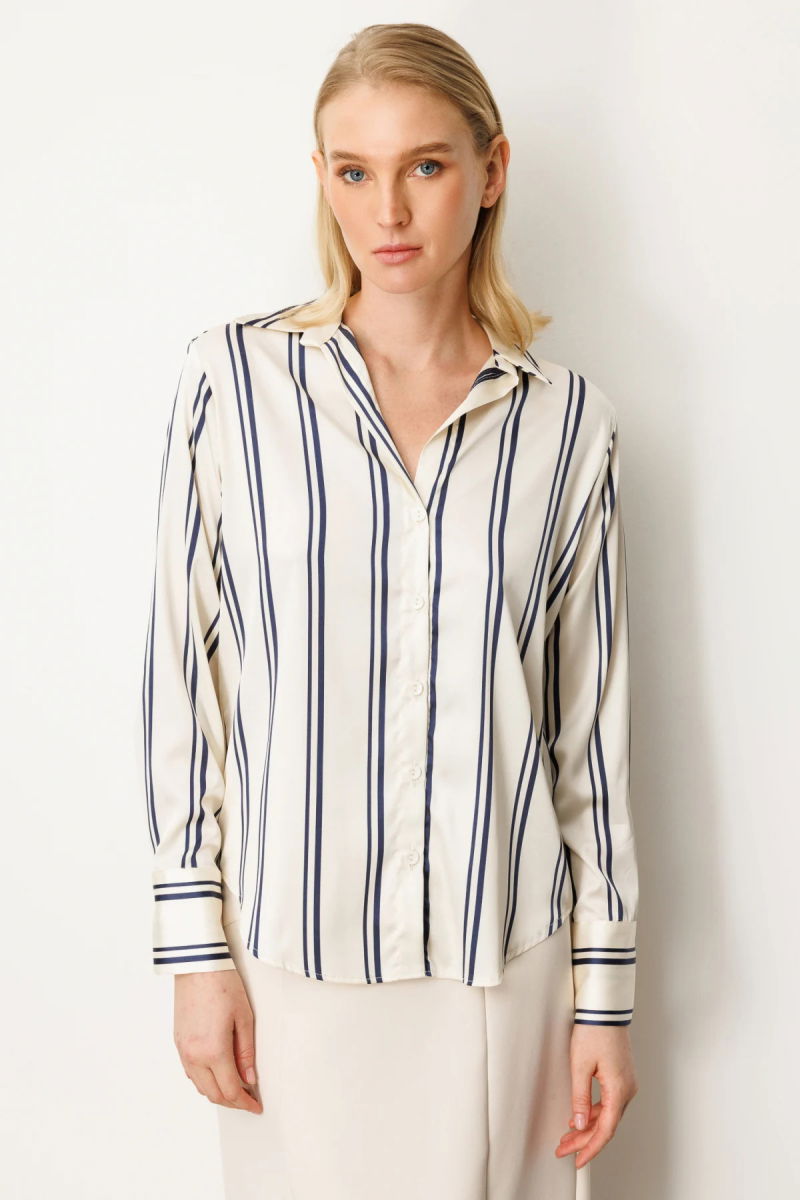 On Kadın Çizgili Saten Gömlek 64300 Ekru - Laci - On