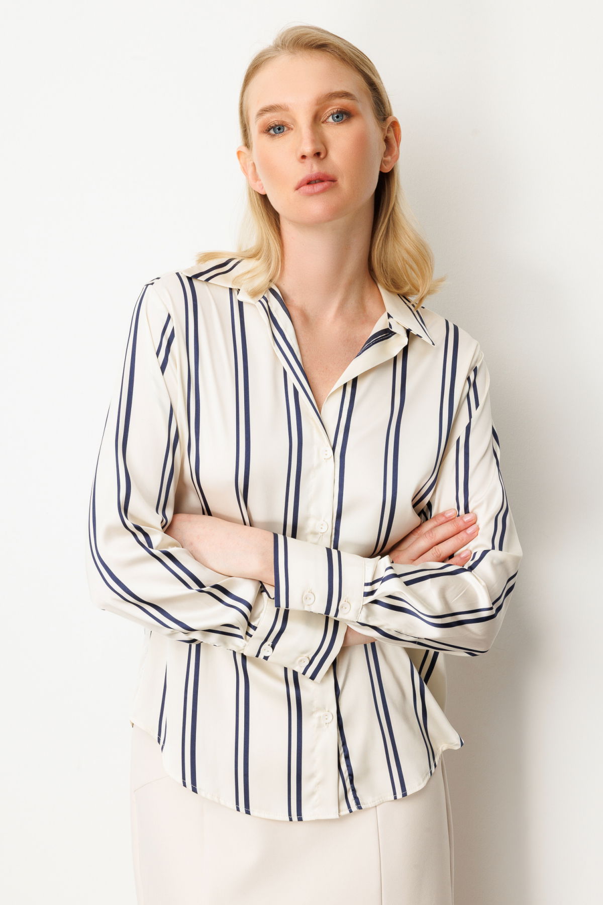 On Kadın Çizgili Saten Gömlek 64300 Ekru - Laci - 2