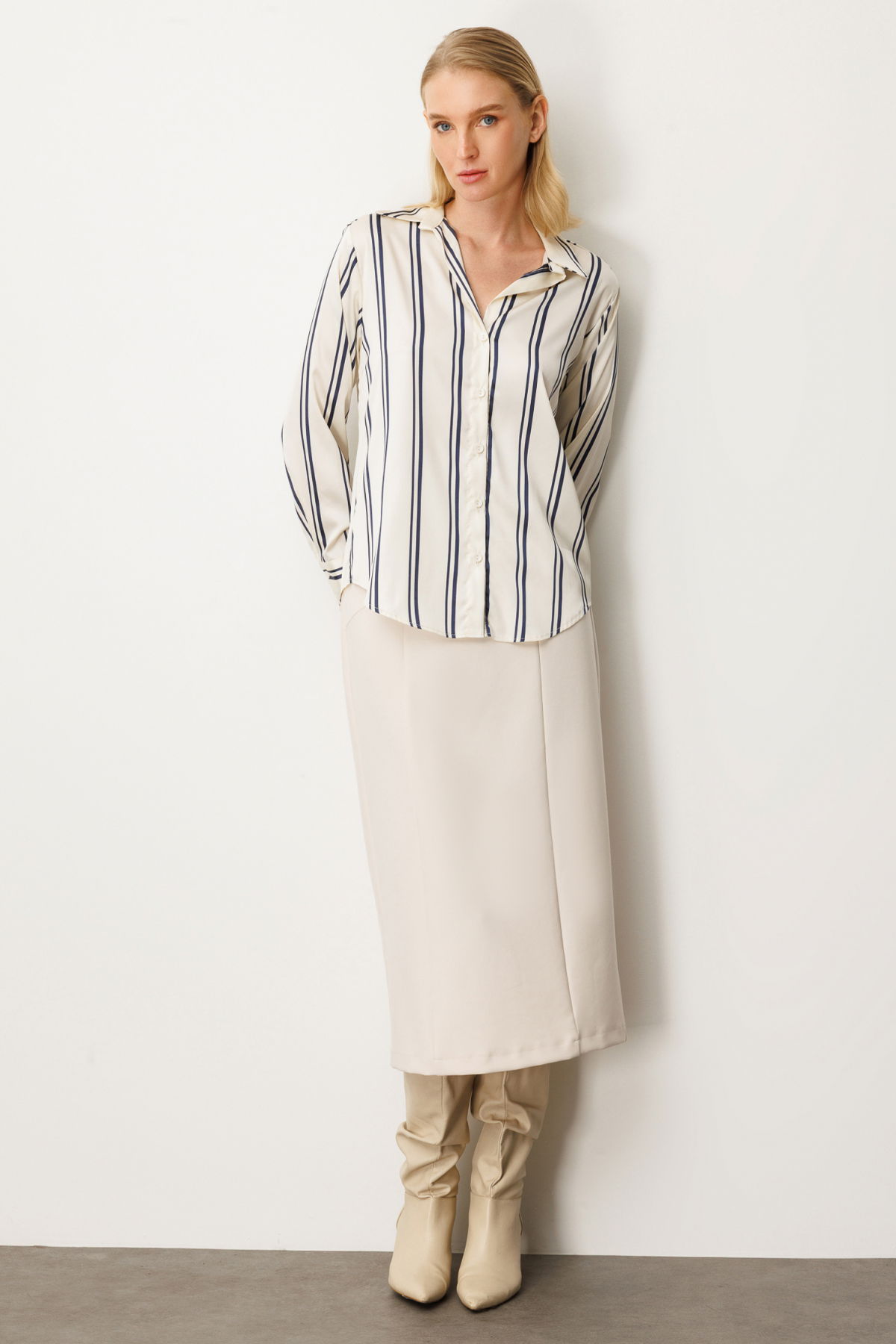 On Kadın Çizgili Saten Gömlek 64300 Ekru - Laci - 3