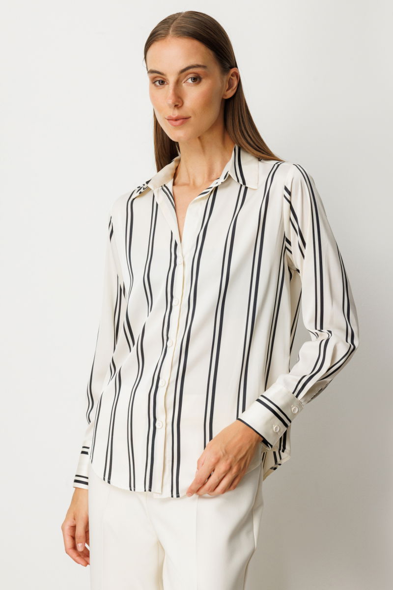 On Kadın Çizgili Saten Gömlek 64300 Ekru-Siyah - 2