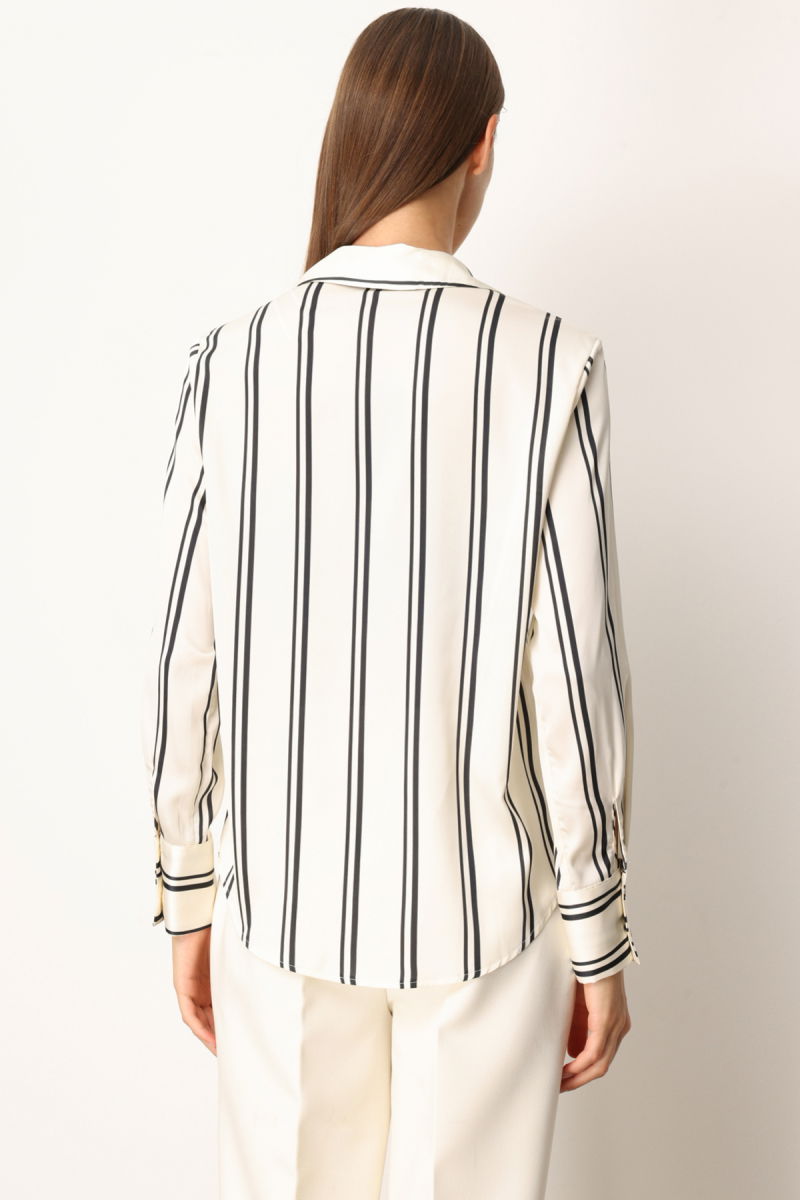 On Kadın Çizgili Saten Gömlek 64300 Ekru-Siyah - 4