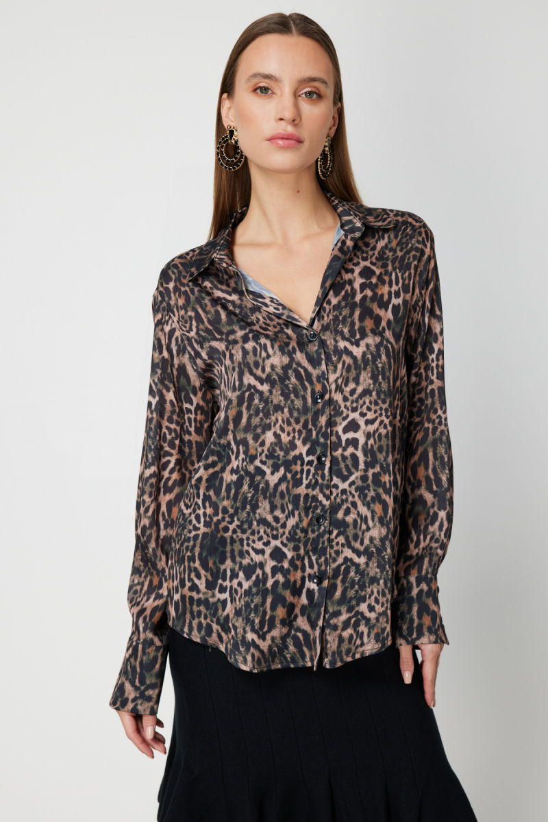 On Kadın Çizgili Saten Gömlek 64300 Haki-Leopar - 2