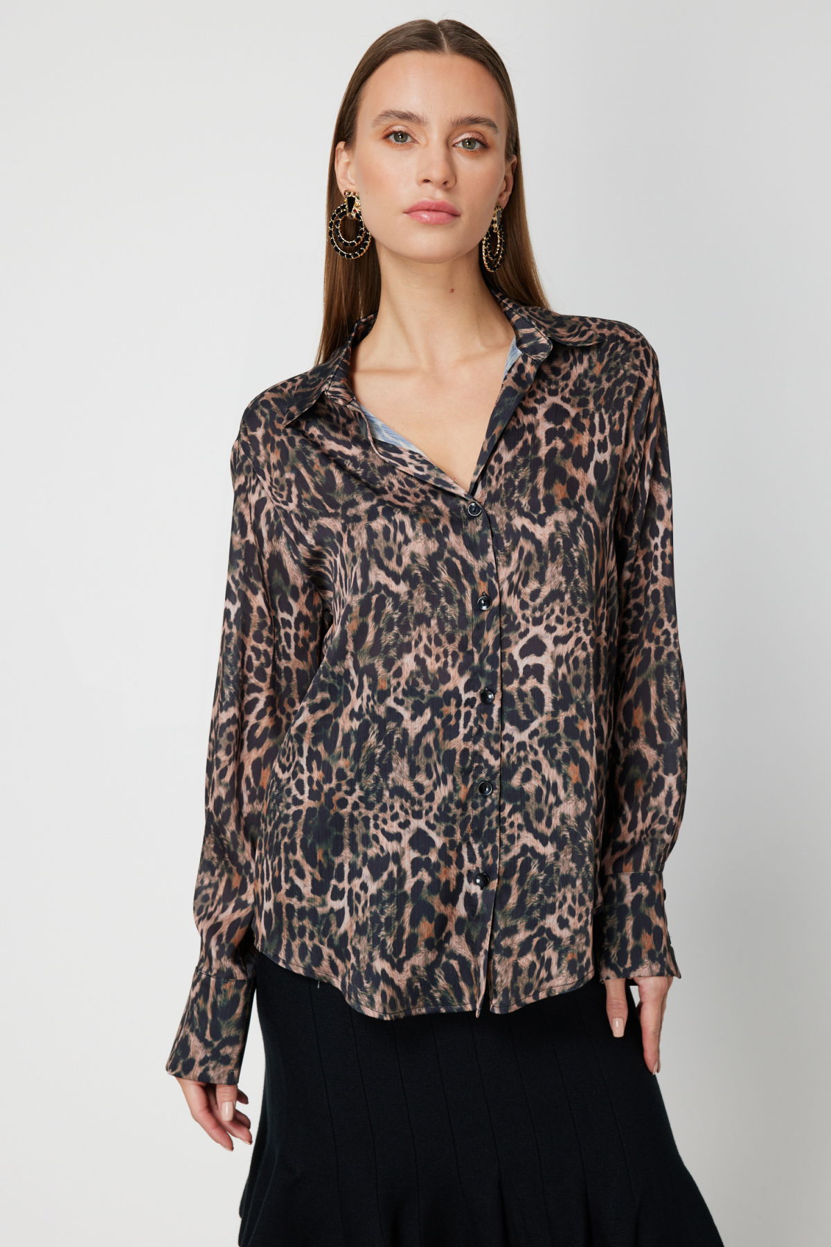 On Kadın Çizgili Saten Gömlek 64300 Haki-Leopar - 2