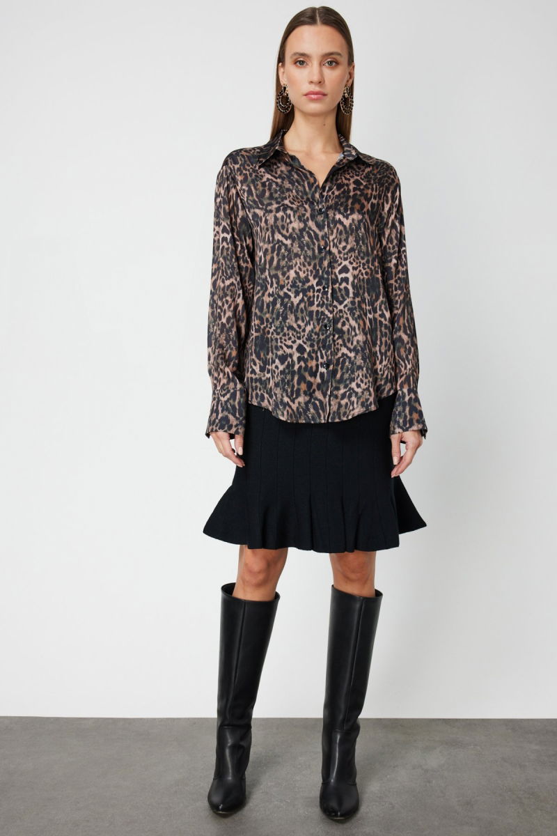 On Kadın Çizgili Saten Gömlek 64300 Haki-Leopar - 3