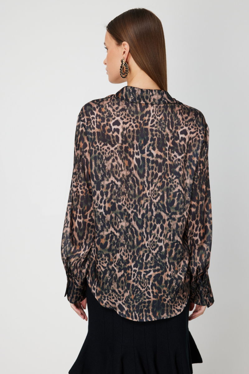 On Kadın Çizgili Saten Gömlek 64300 Haki-Leopar - 4