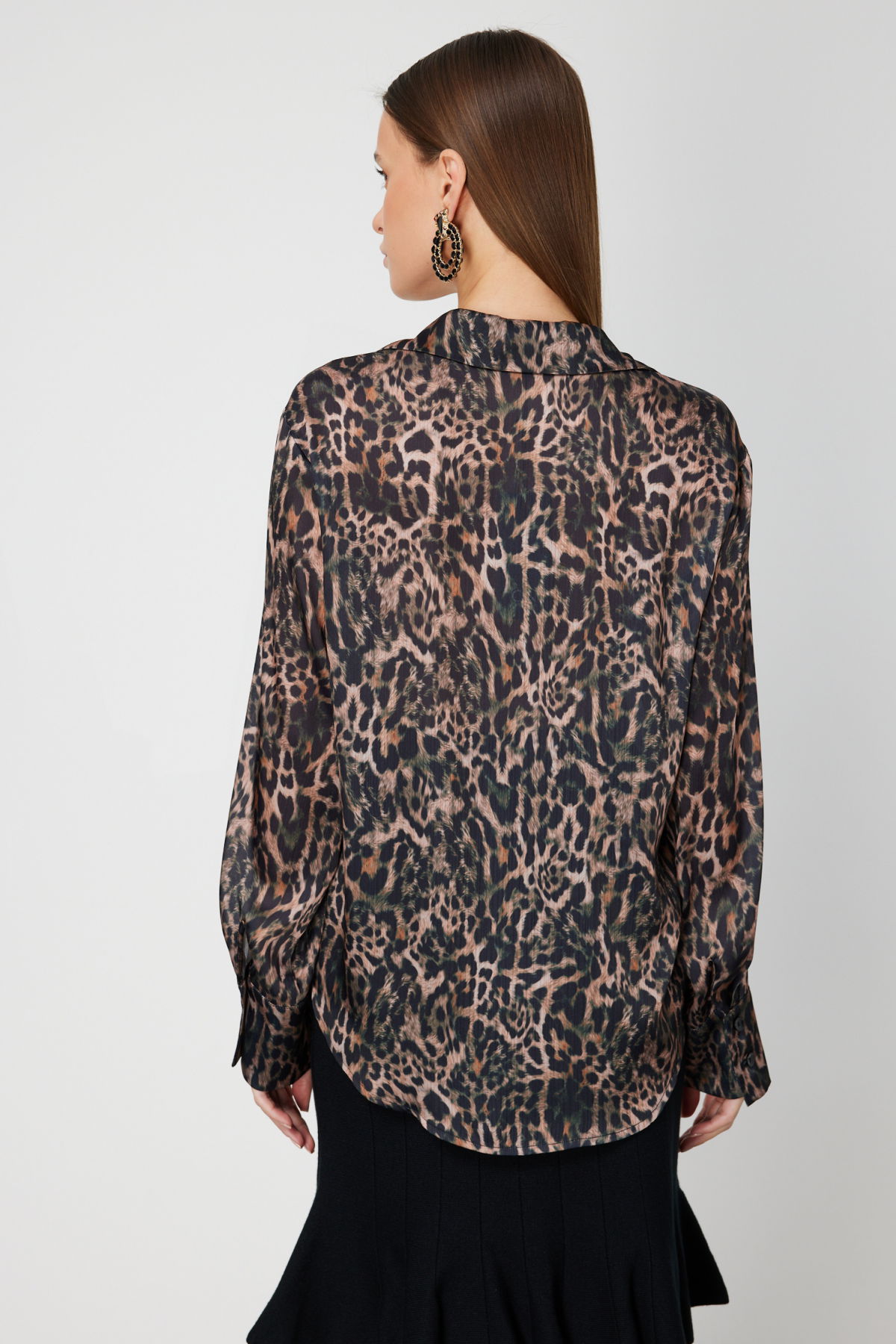 On Kadın Çizgili Saten Gömlek 64300 Haki-Leopar - 4