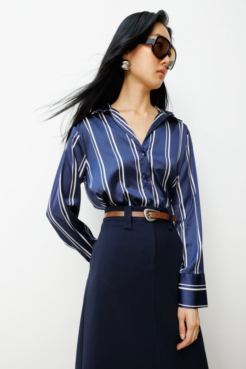 On Kadın Çizgili Saten Gömlek 64300 Laci-Ekru - On