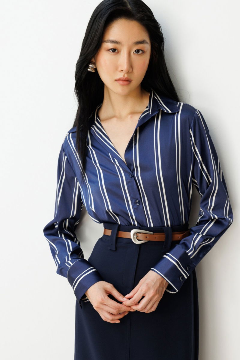 On Kadın Çizgili Saten Gömlek 64300 Laci-Ekru - 2