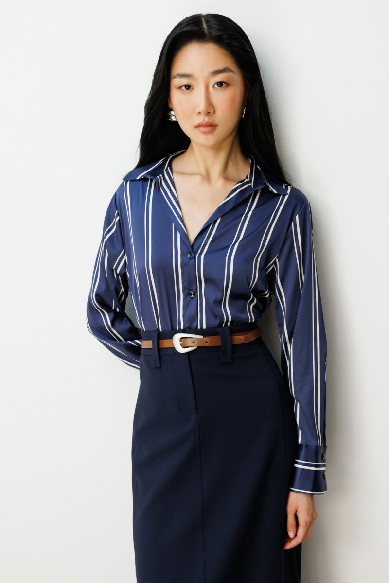 On Kadın Çizgili Saten Gömlek 64300 Laci-Ekru - 4