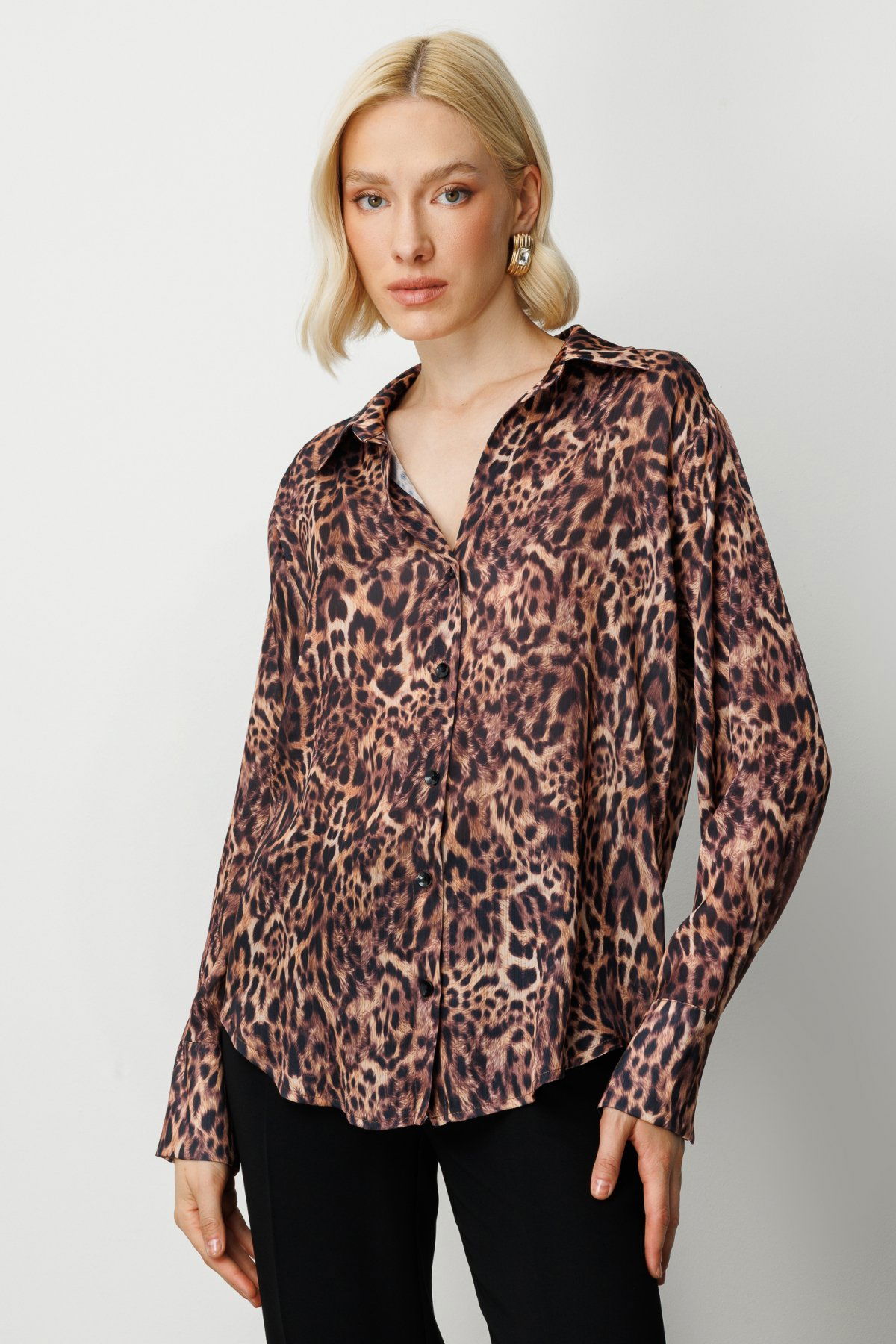 On Kadın Çizgili Saten Gömlek 64300 Leopar - 2