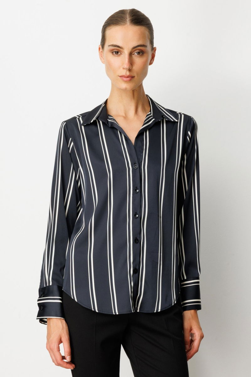 On Kadın Çizgili Saten Gömlek 64300 Siyah-Ekru - On