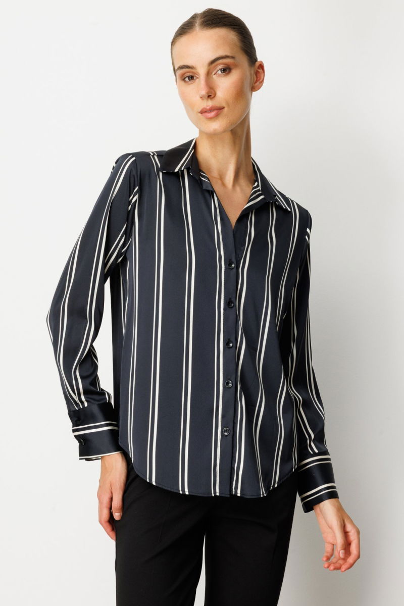 On Kadın Çizgili Saten Gömlek 64300 Siyah-Ekru - 2