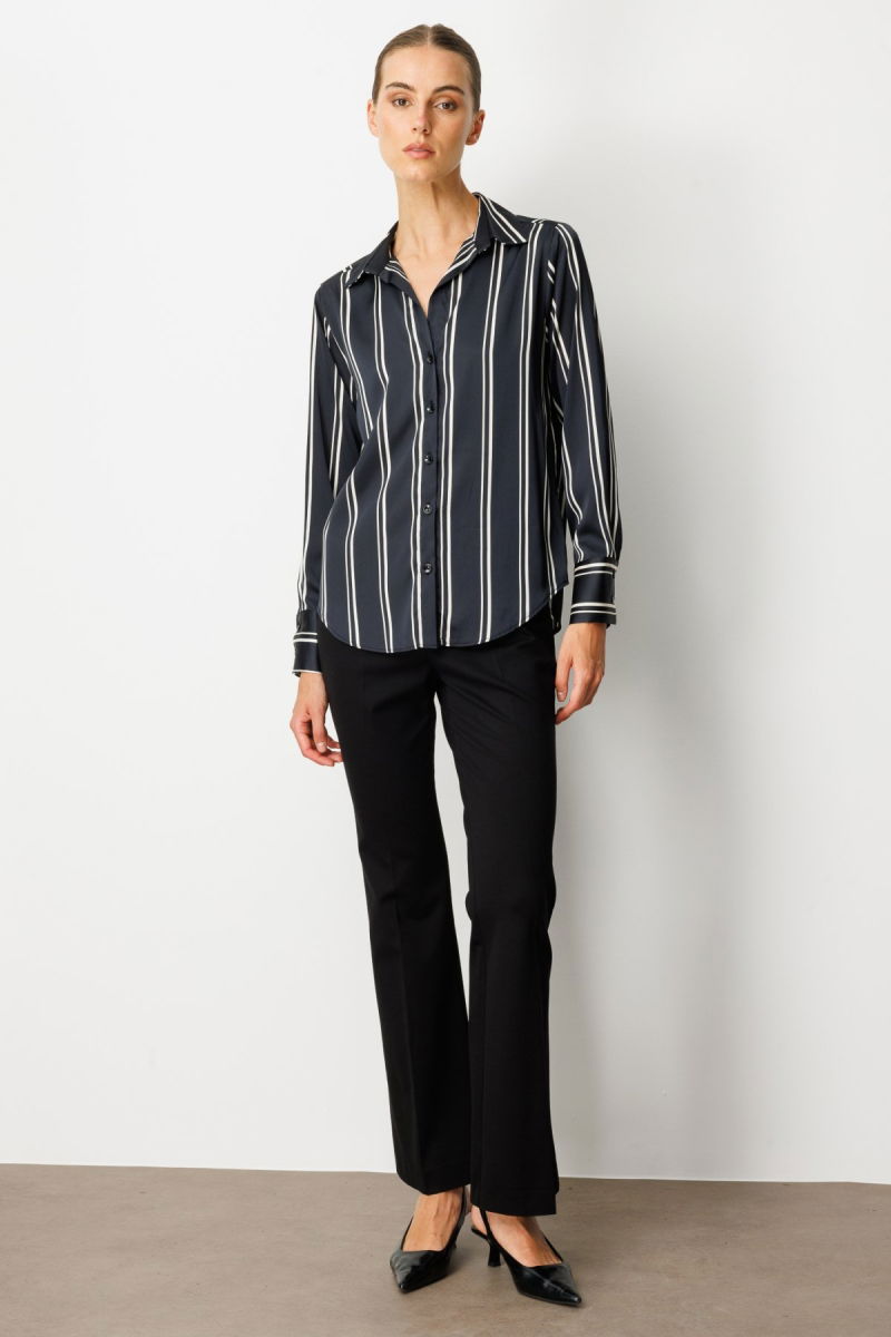 On Kadın Çizgili Saten Gömlek 64300 Siyah-Ekru - 3