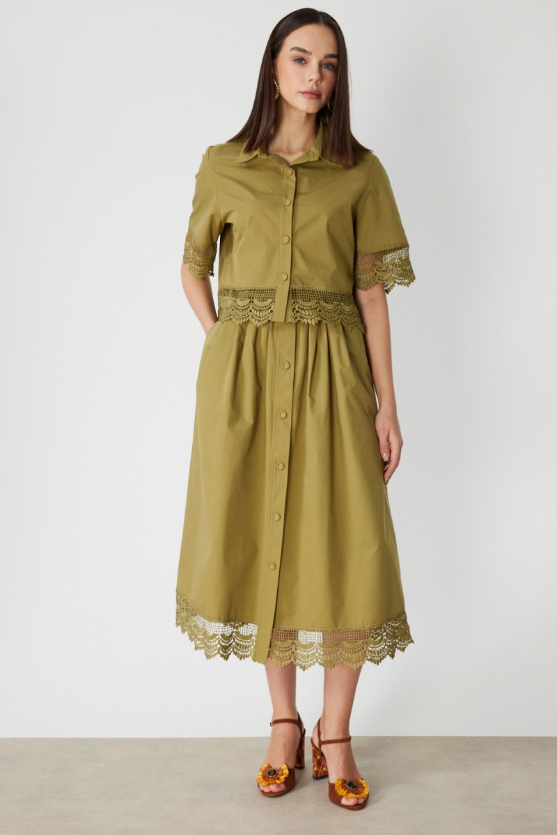 On Kadın Dantel Detaylı Crop Pamuk Gömlek 74336 Oliv - 3