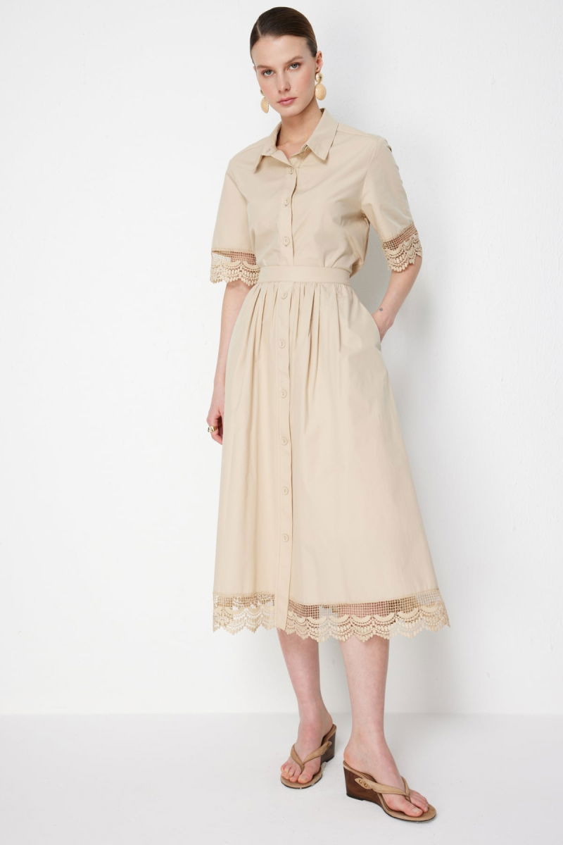 On Kadın Dantel Detaylı Süs Düğmeli Maxi Etek 74337 Bej - On