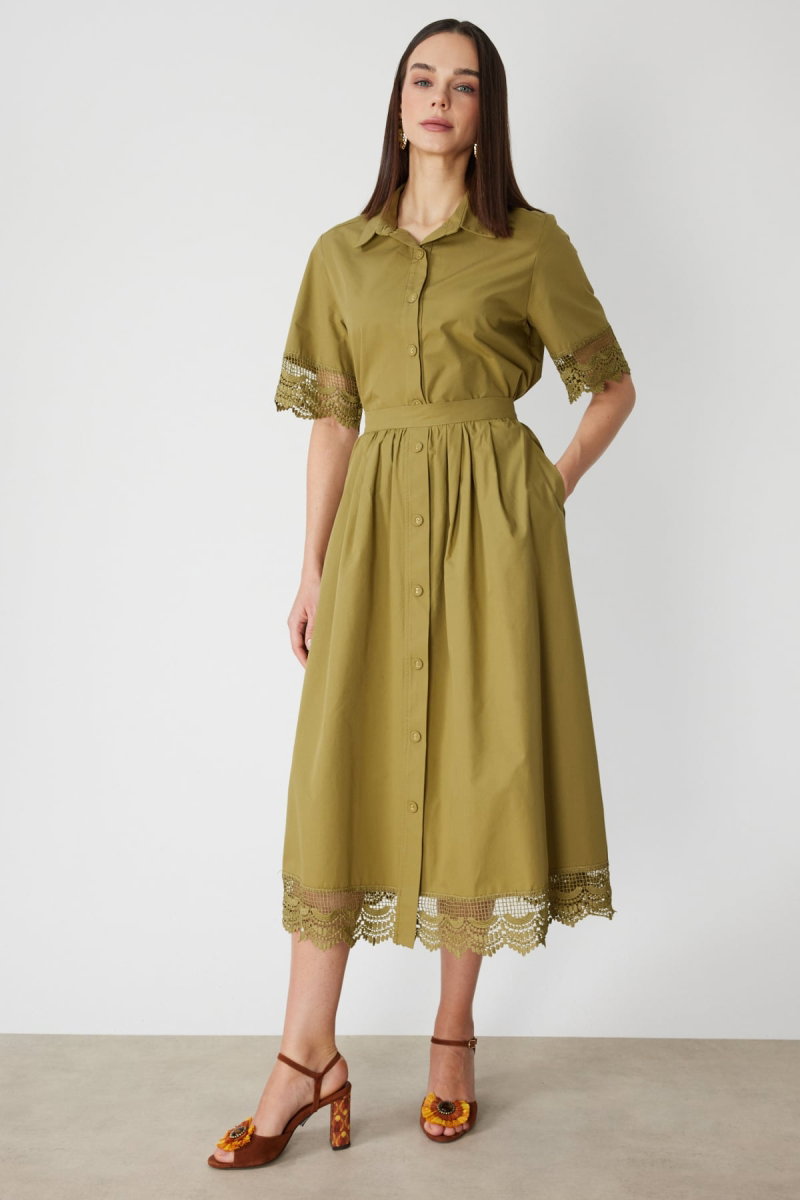 On Kadın Dantel Detaylı Süs Düğmeli Maxi Etek 74337 Oliv - On