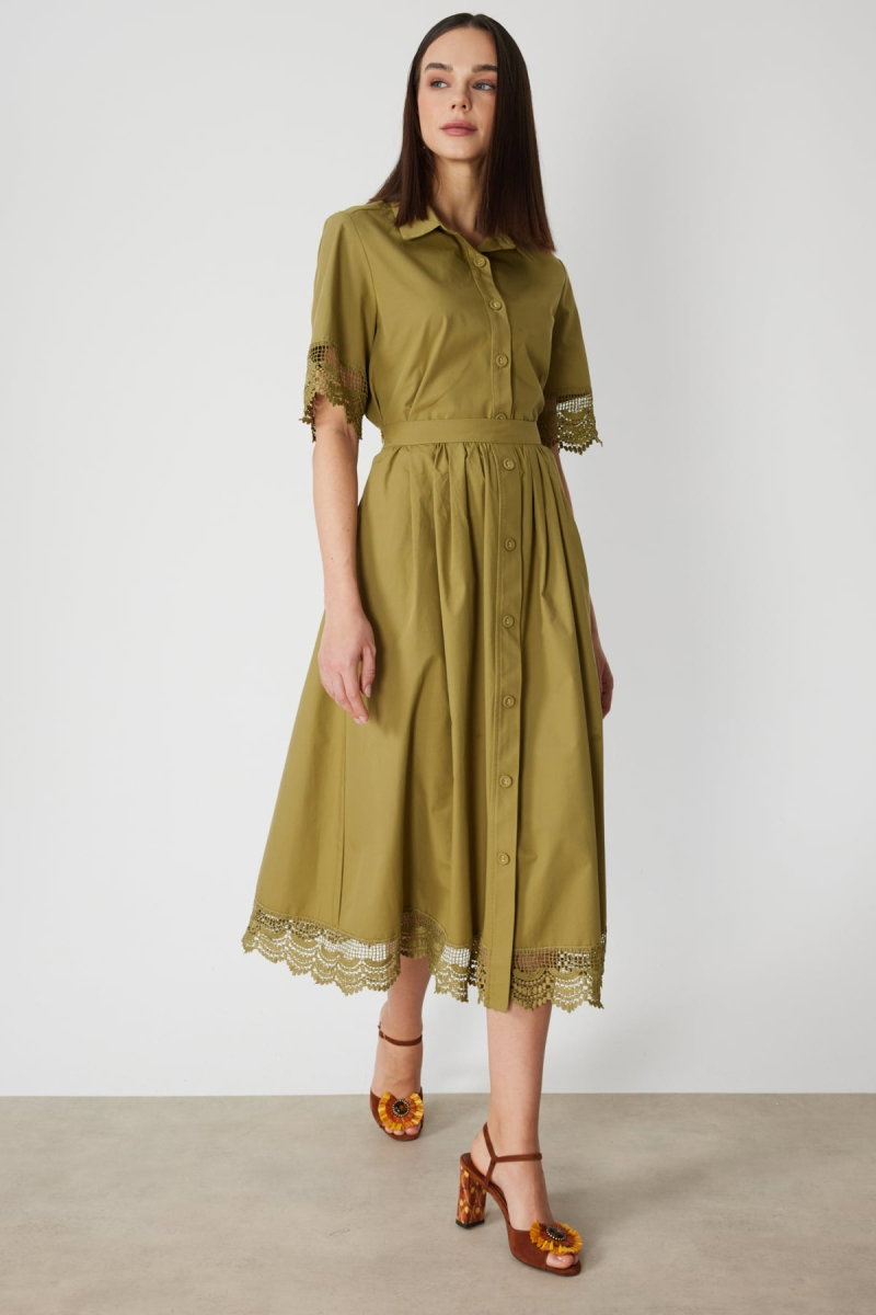 On Kadın Dantel Detaylı Süs Düğmeli Maxi Etek 74337 Oliv - 2