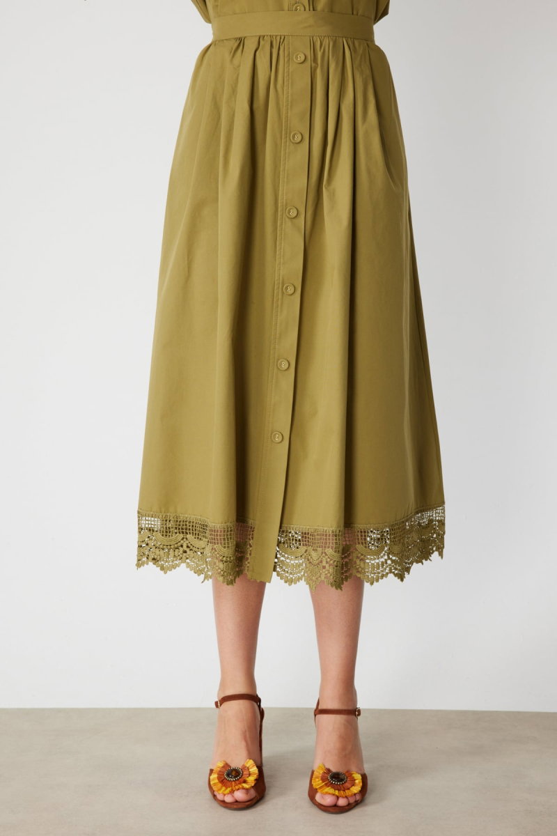 On Kadın Dantel Detaylı Süs Düğmeli Maxi Etek 74337 Oliv - 3