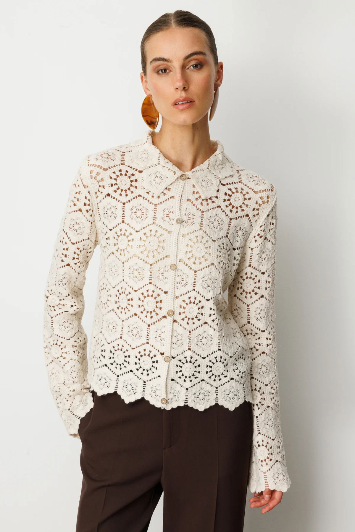 On Kadın Dantelli Uzun Kollu Pamuk Hırka 66946 Krem - 1