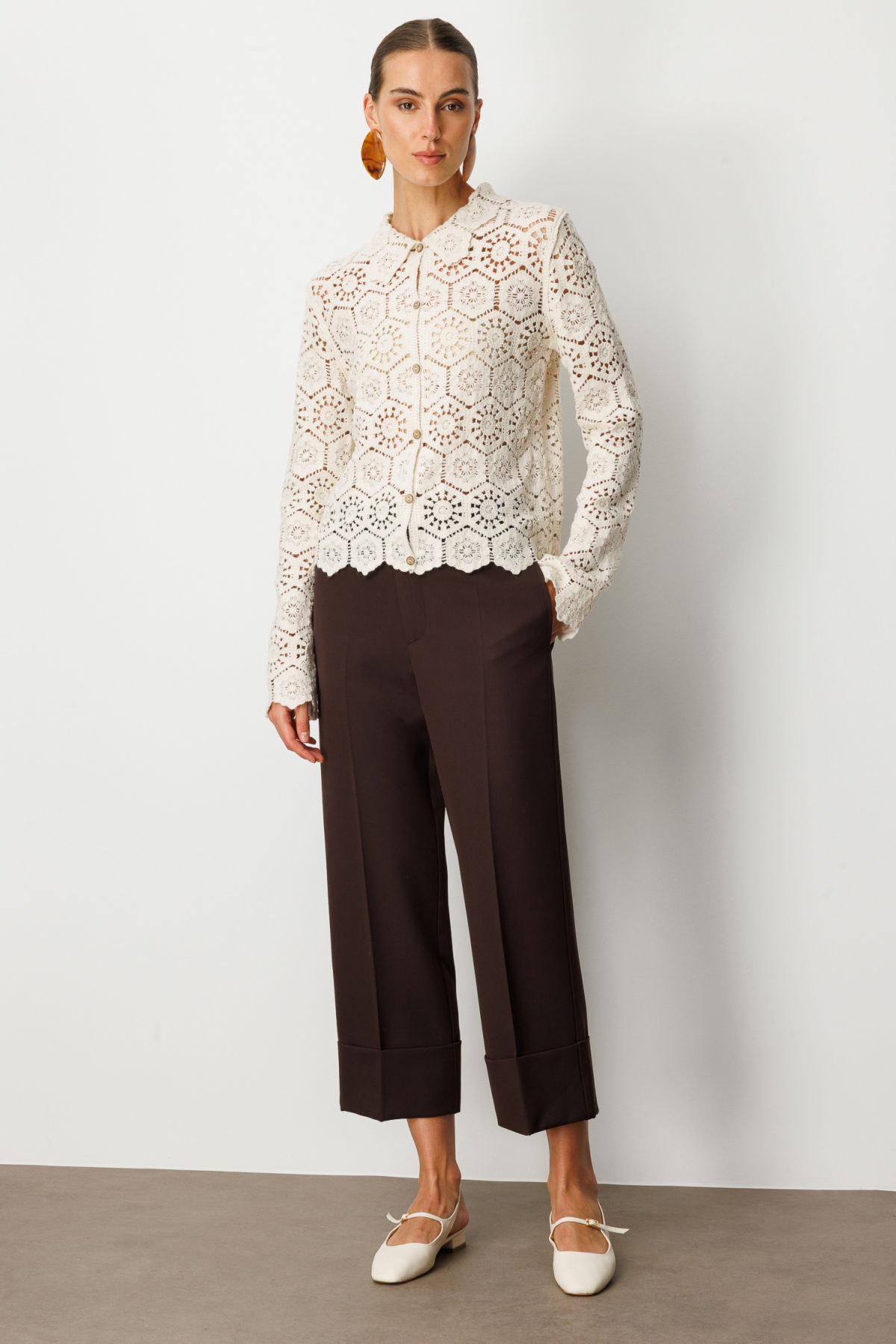 On Kadın Dantelli Uzun Kollu Pamuk Hırka 66946 Krem - 3