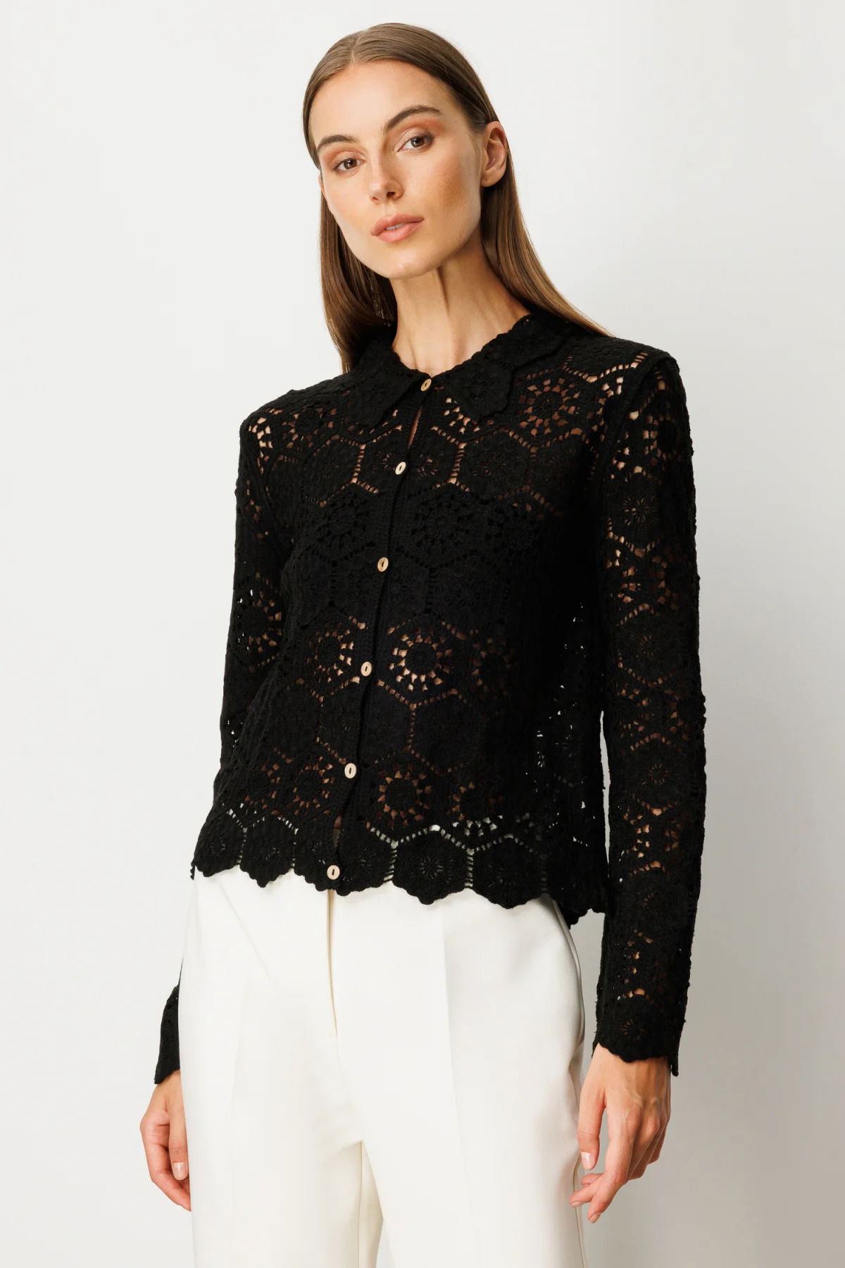 On Kadın Dantelli Uzun Kollu Pamuk Hırka 66946 Siyah - 1